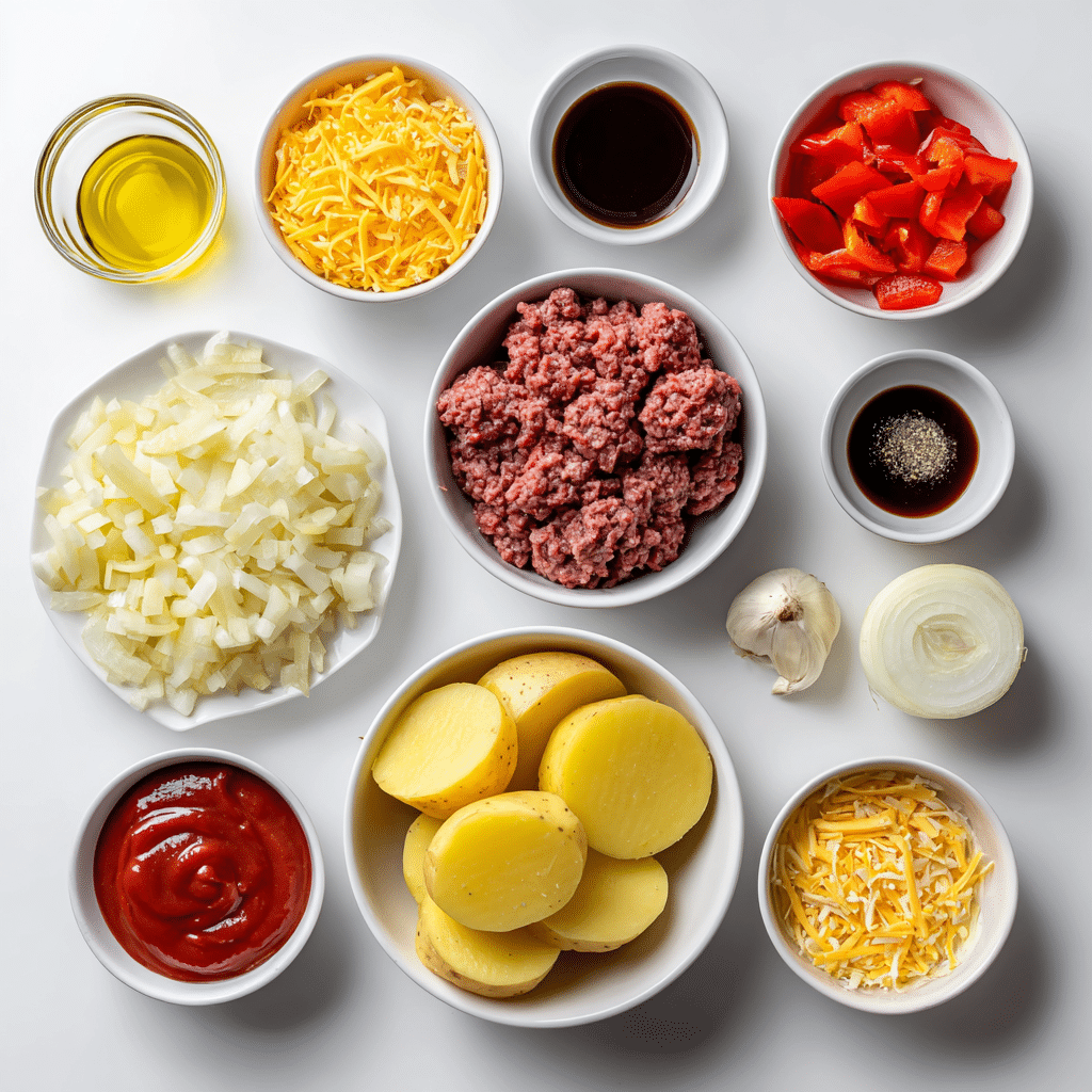 Flat lay of fresh ingredients for Hobo Casserole with Ground Beef and Potatoes