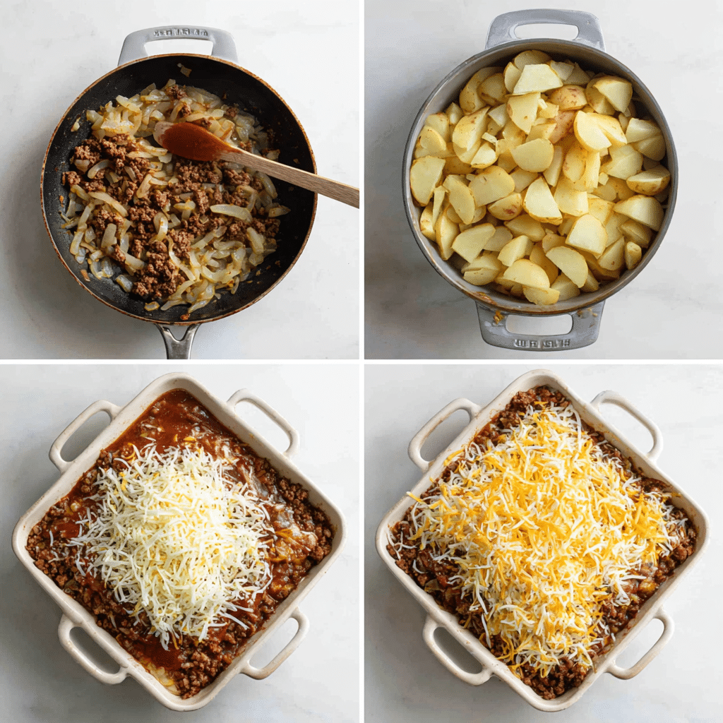 Step-by-step collage of Hobo Casserole with Ground Beef and Potatoes preparation