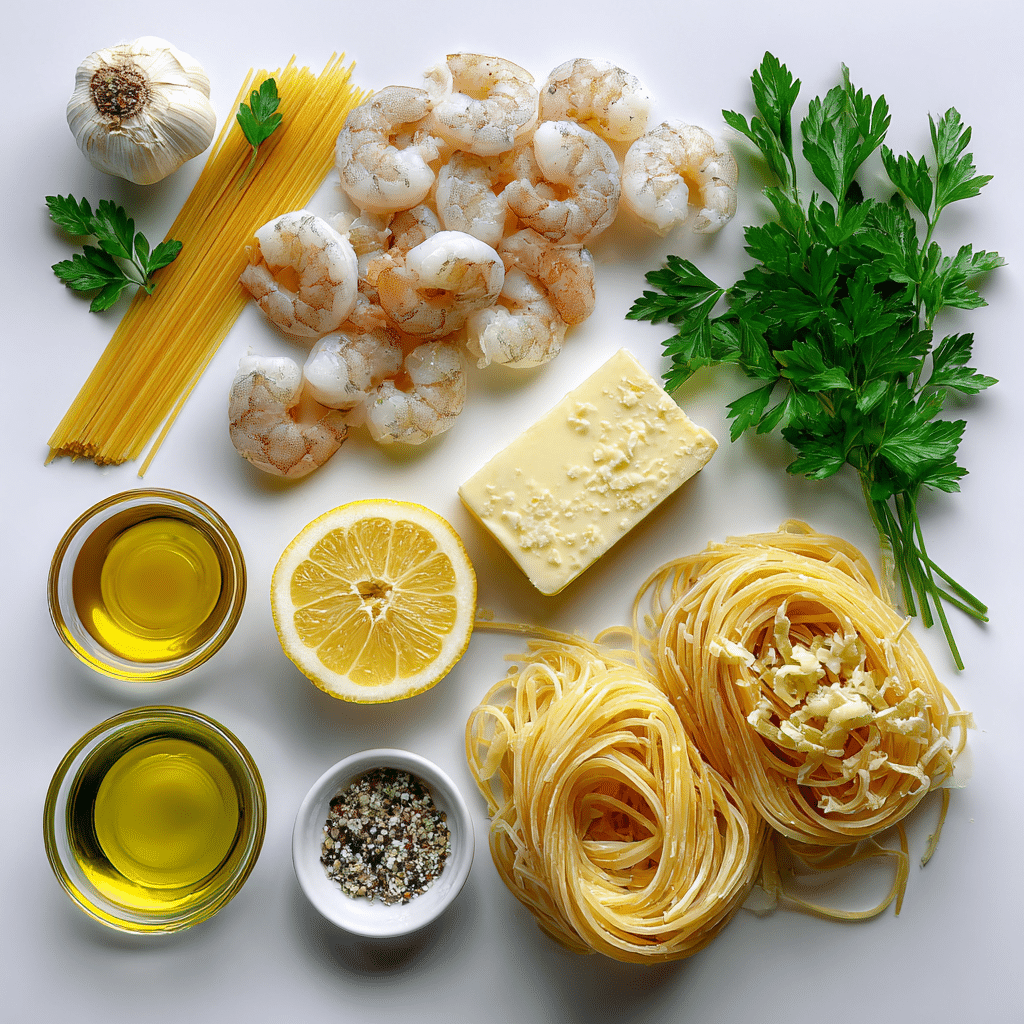 Ingredients for One-Pot Garlic Butter Shrimp Pasta