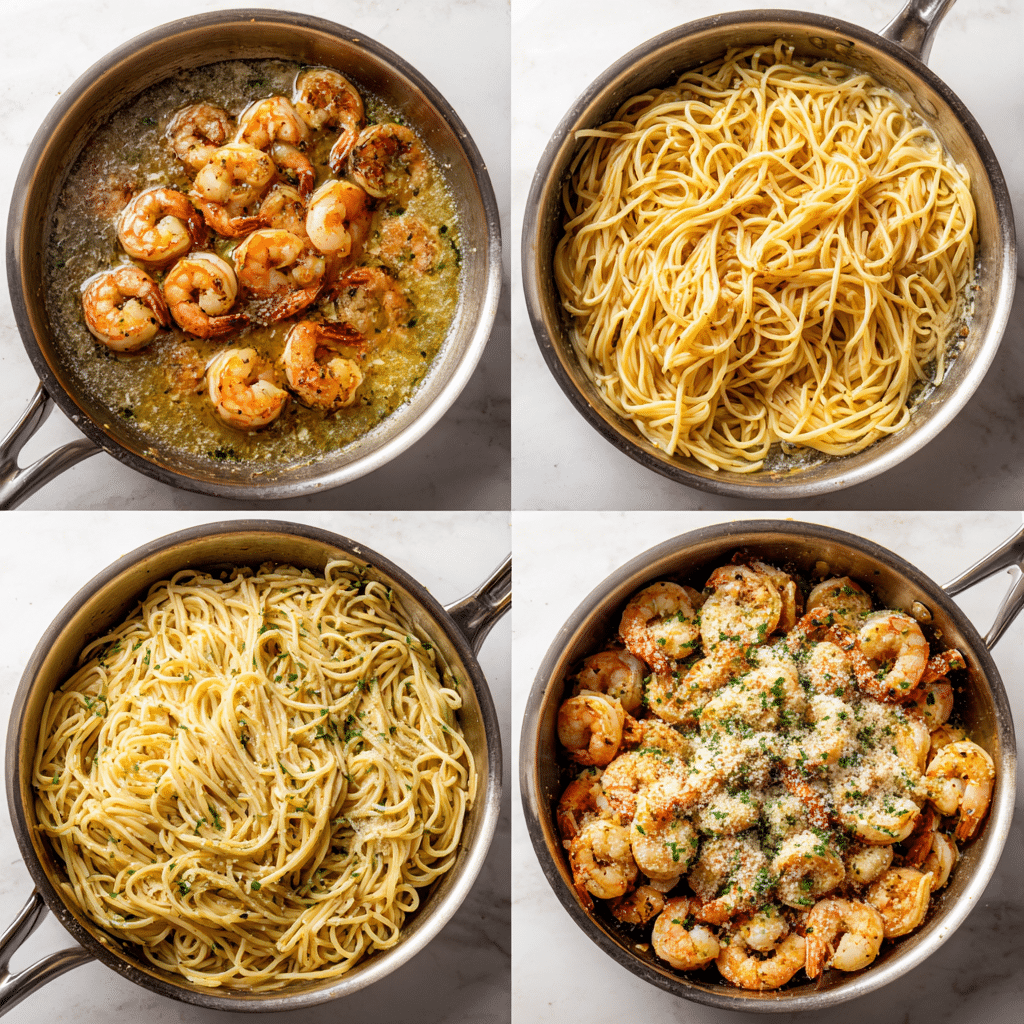 Step-by-step cooking process for One-Pot Garlic Butter Shrimp Pasta