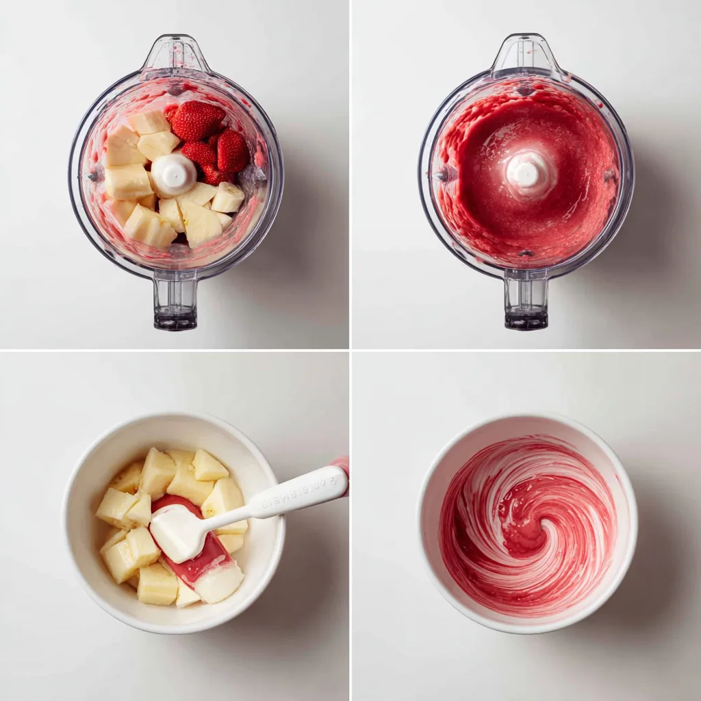 Process collage for a 5-Minute Fruit Smoothie Bowl: load banana, frozen strawberries, frozen pineapple, and yogurt; blend; scrape with spatula for even thickness; pour and swirl into a bowl. Clean white background with natural light and phone-shot realism.