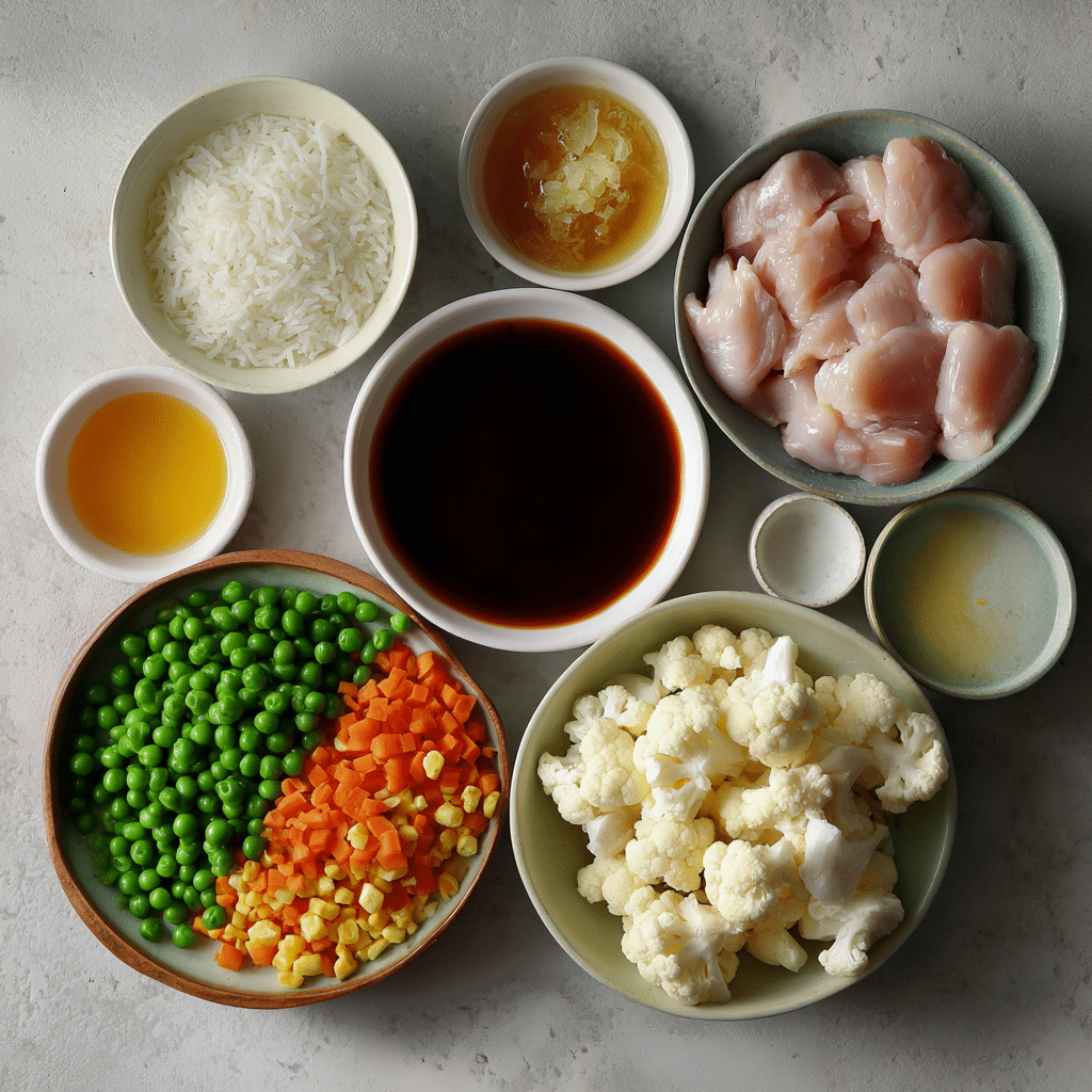 Ingredients for Air Fryer Buffalo Cauliflower neatly arranged
