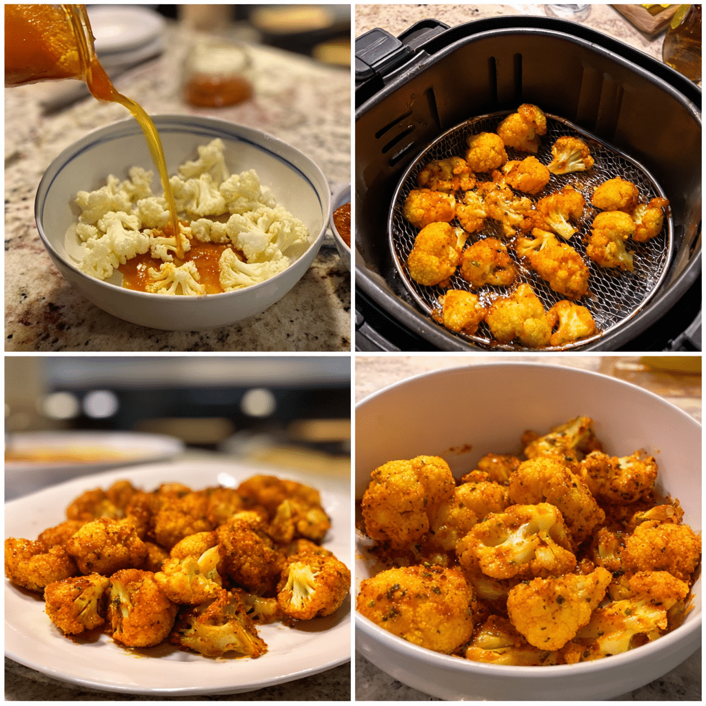 Step by step Air Fryer Buffalo Cauliflower cooking collage