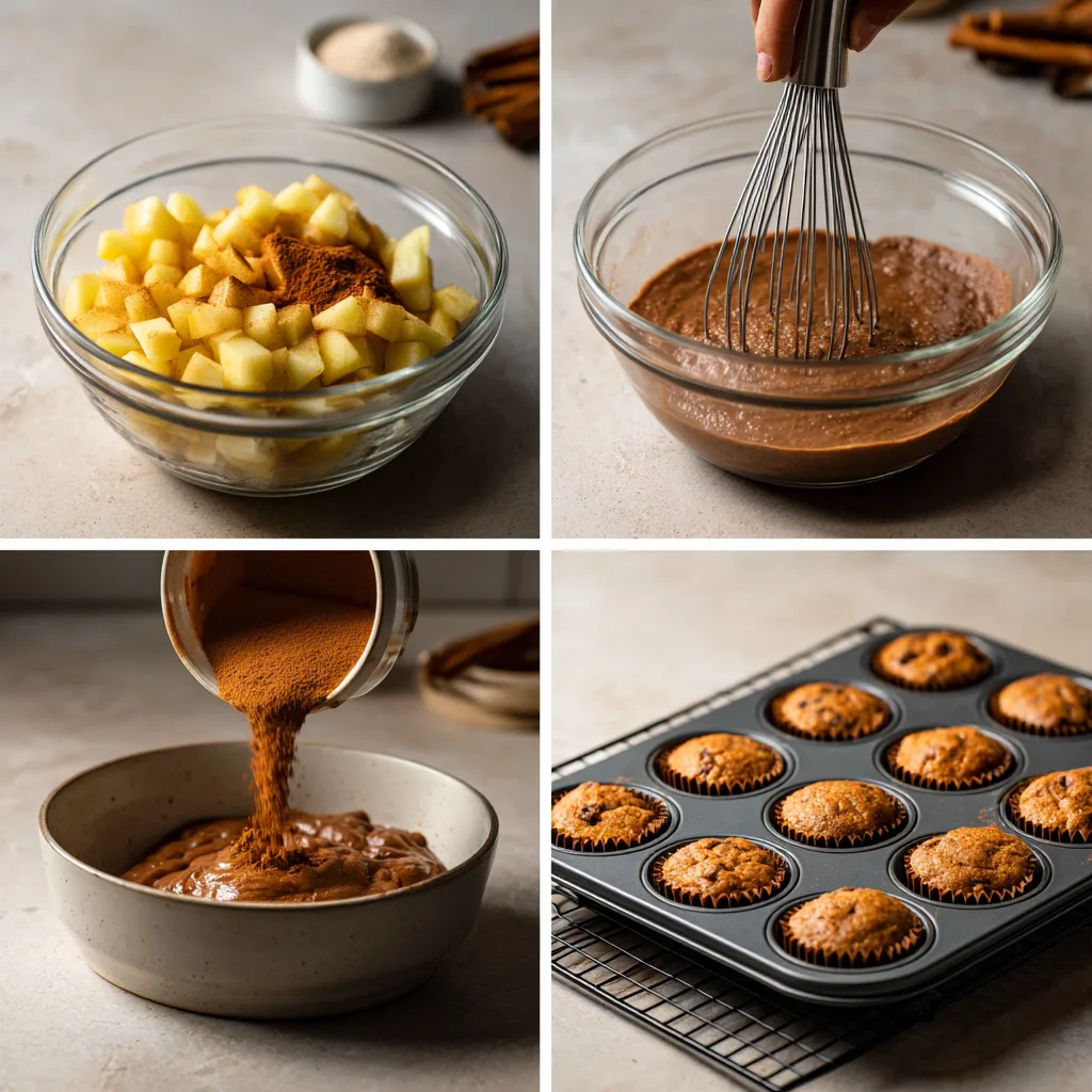 Four-panel image showing the complete process of making Apple Brownie Bites, from mixing ingredients to baking and cooling, shot in warm kitchen light.