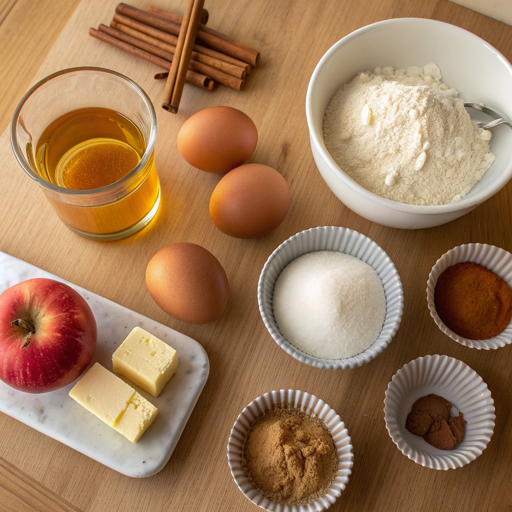 Overhead image of fall-inspired ingredients — apple cider, cinnamon, flour, and sugar — perfectly arranged for making delicious Apple Cider Donut Cupcakes.