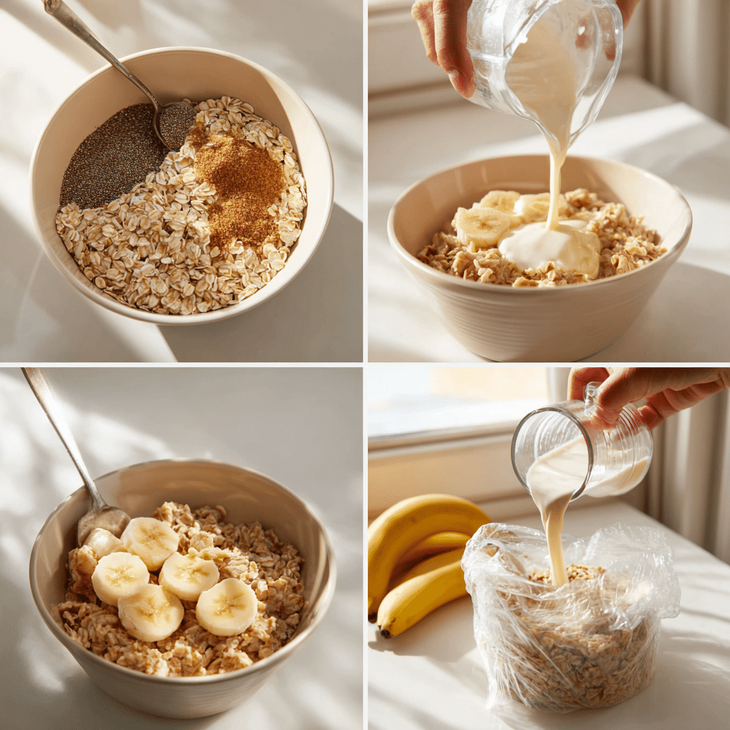 Four-step collage showing mixing, adding milk and banana, stirring, and refrigerating Brown Sugar Overnight Oats