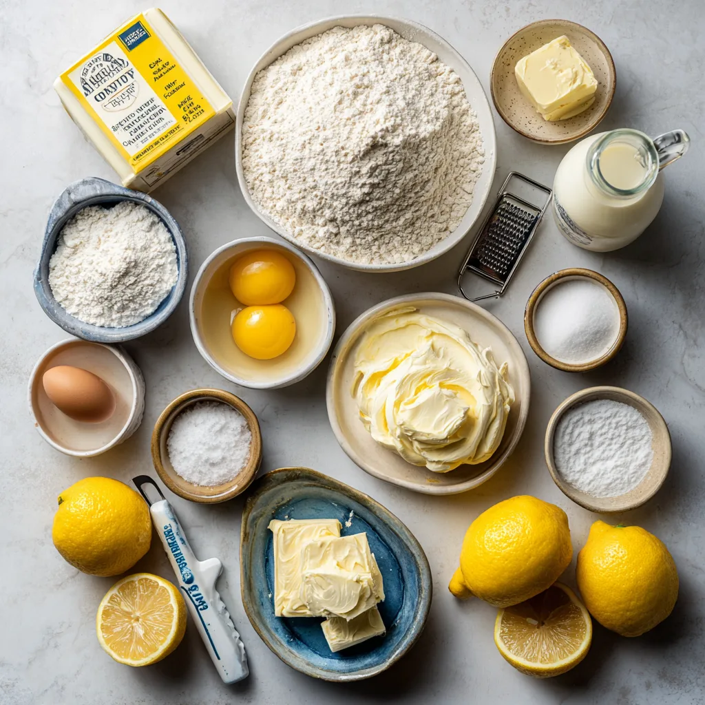 Ingredients to make Cheesecake Factory Italian Lemon Cream Cake—flour, sugar, eggs, lemons, mascarpone, and cream cheese arranged on a countertop