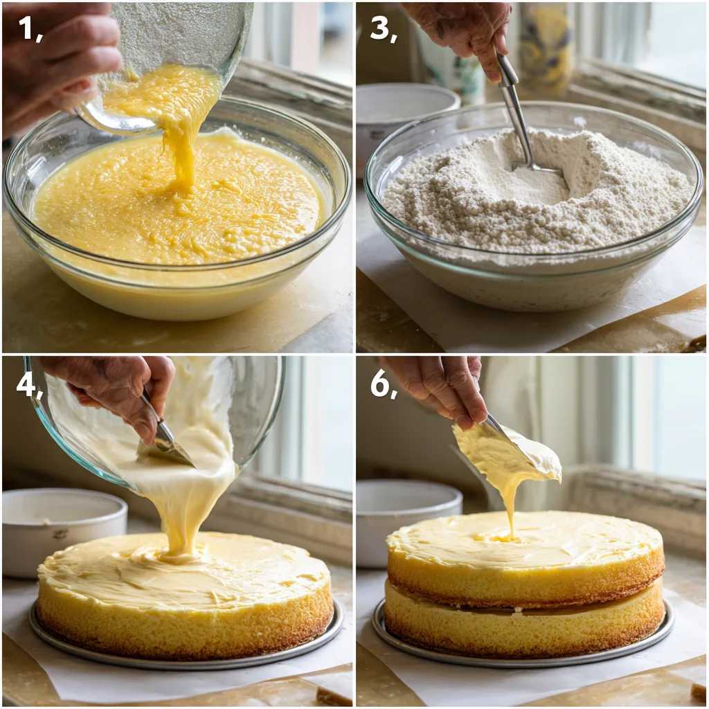 Four-step collage for Cheesecake Factory Italian Lemon Cream Cake—mixing batter, preparing pans, baking layers, and filling with lemon mascarpone cream