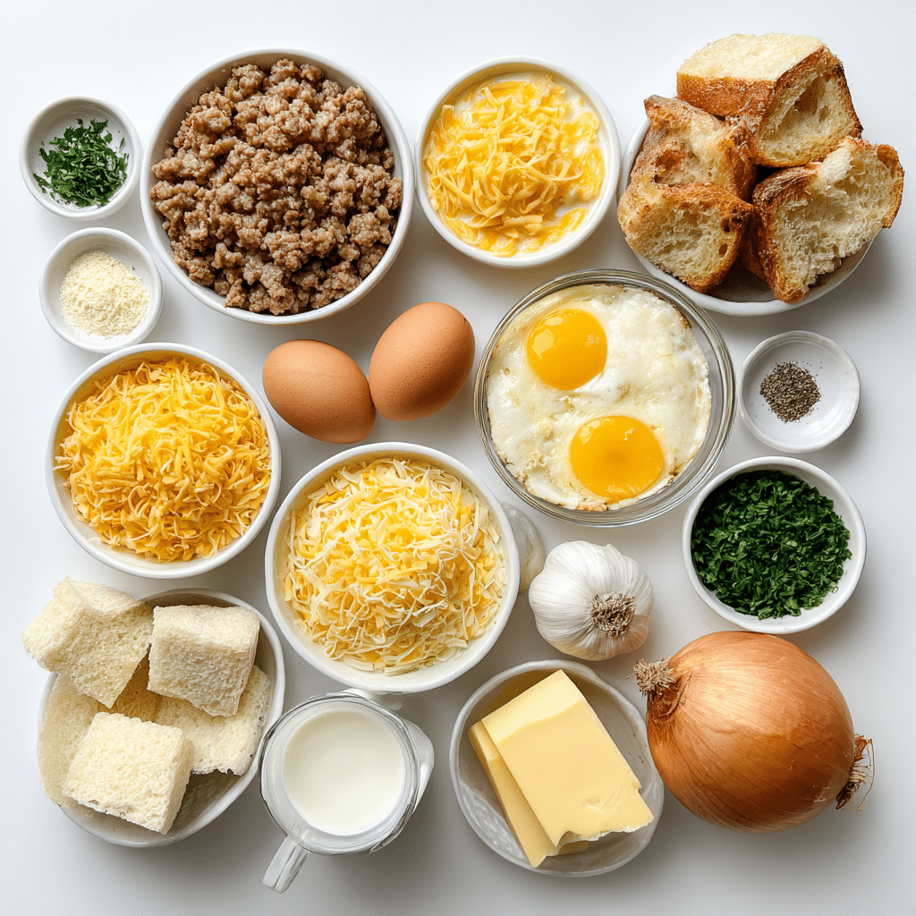 Ingredients for Cheesy Sausage Breakfast Casserole arranged in bowls