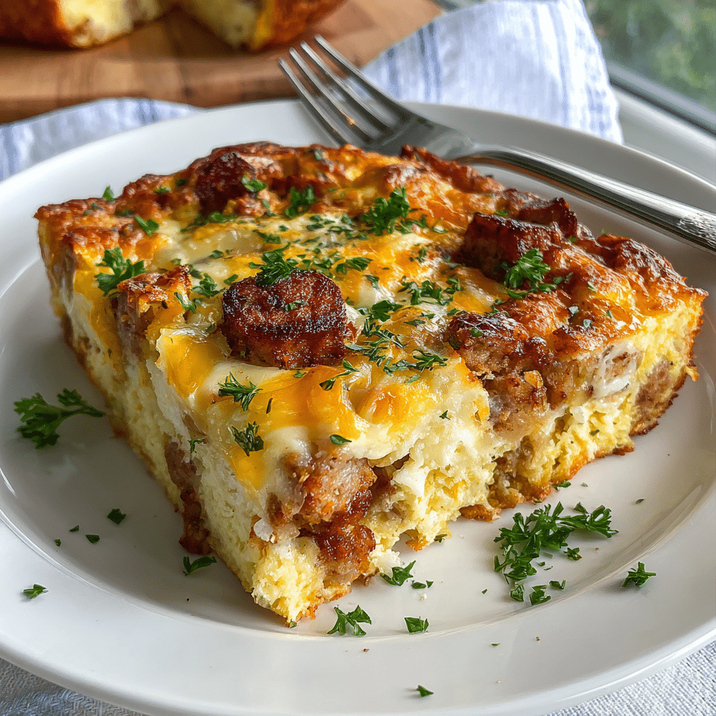 Serving image of Cheesy Sausage Breakfast Casserole cut into square slices, showing melted cheese and sausage filling, styled for a hearty breakfast.