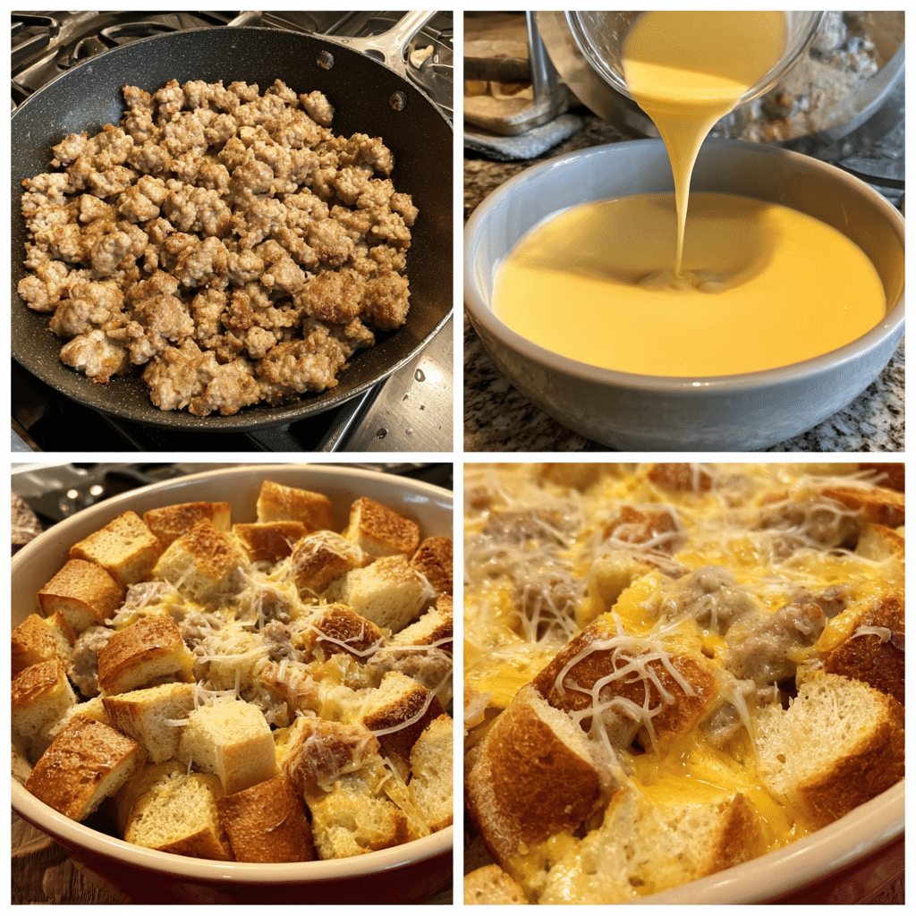 Cheesy Sausage Breakfast Casserole recipe step by step collage