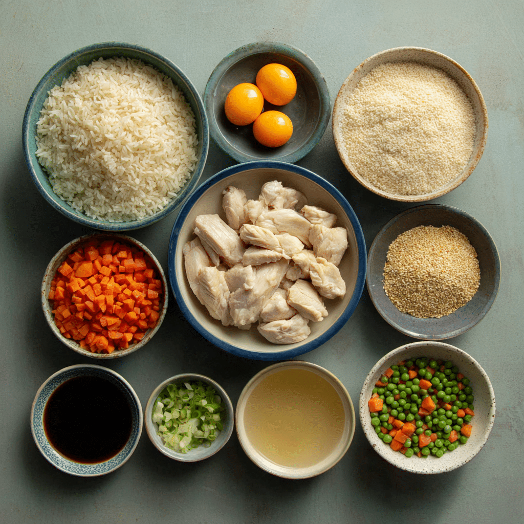 Ingredients for Chinese Chicken Fried Rice arranged in bowls