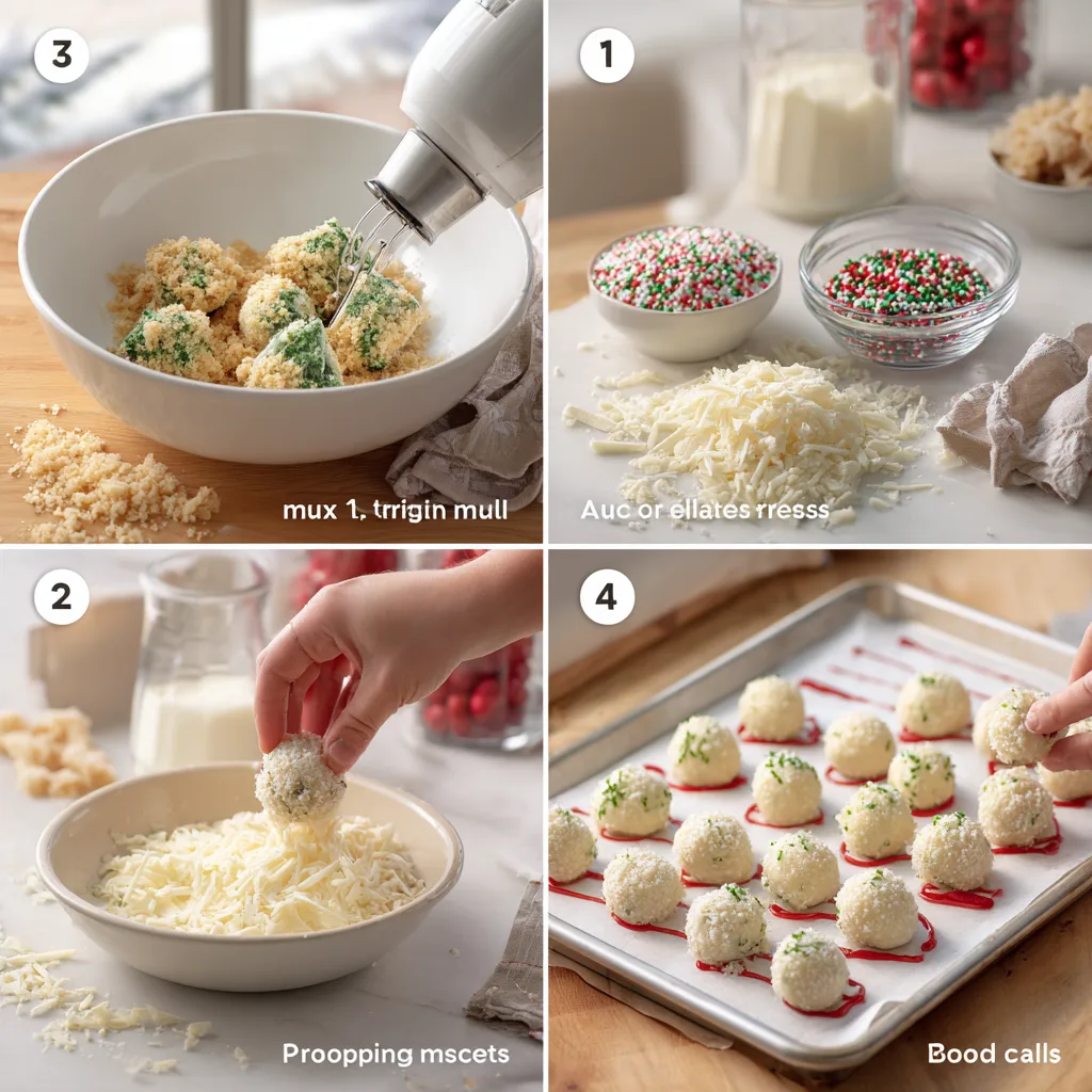 Christmas Tree Cake: Festive Delight to Brighten Your Holidays 4 Process collage following the recipe: mixer crumbles cakes, tablespoon scoops balls, white chocolate dip with a fork, then red drizzle and green sanding sugar before chilling.