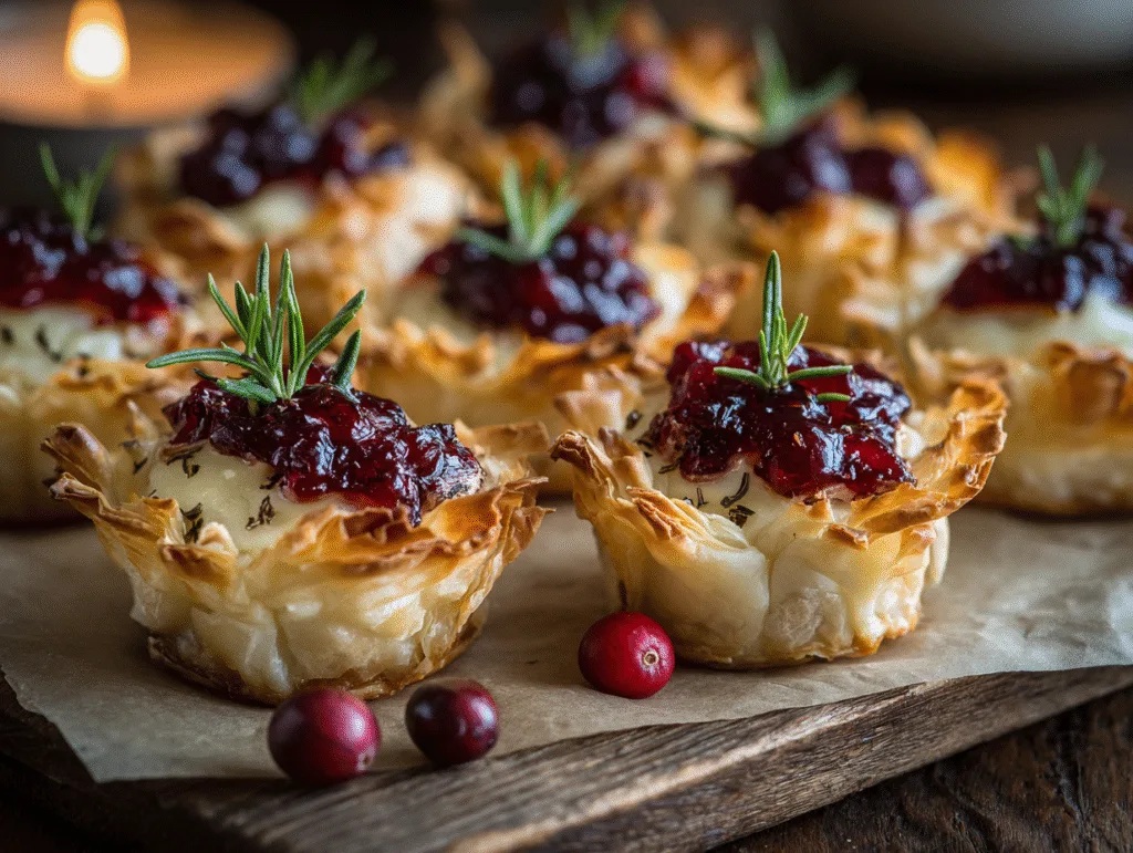 Cranberry Brie Bites in Phyllo Cups holiday appetizer with melted brie and cranberry sauce