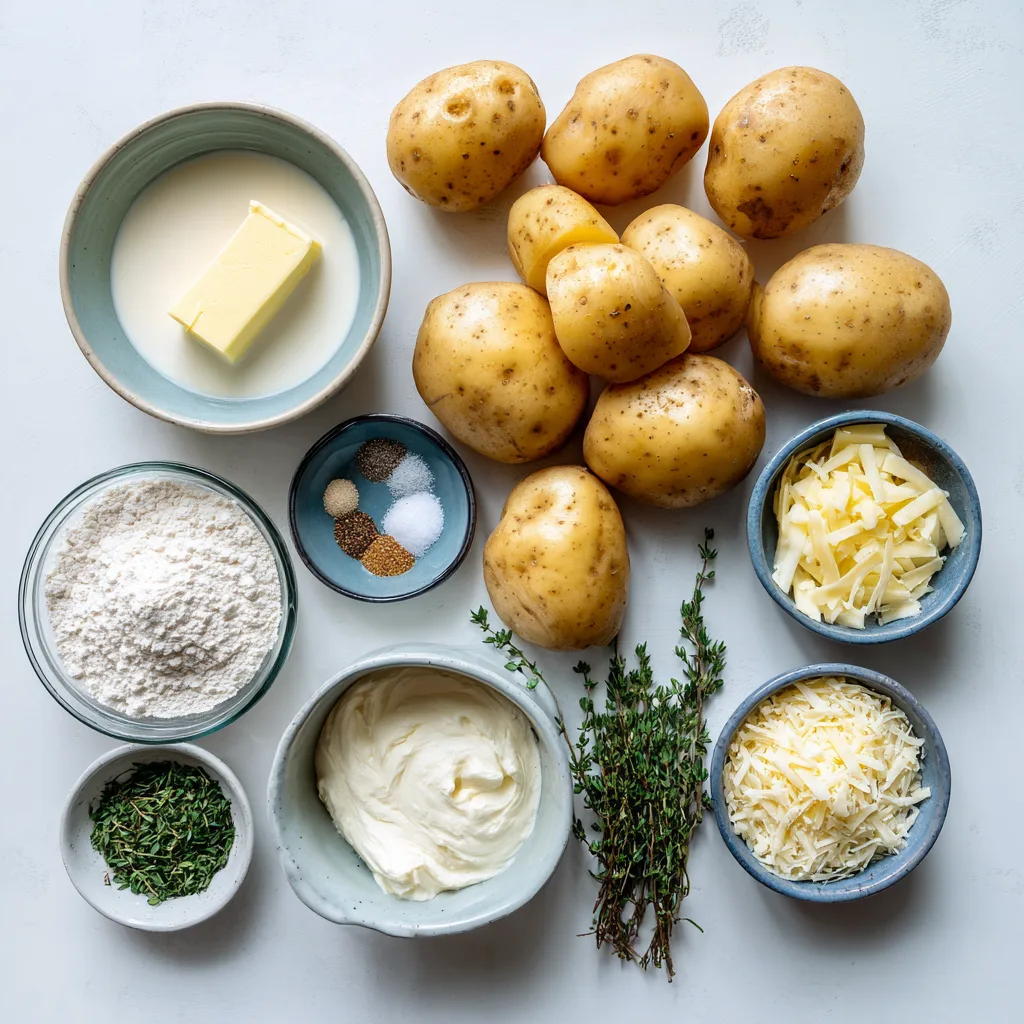 Creamy Scalloped Potatoes: Irresistibly Rich and Easy Dinner Side 3 Overhead flat-lay of the full ingredient set for Creamy Scalloped Potatoes, arranged neatly on a white background with natural light for a clear, blog-ready ingredients shot.