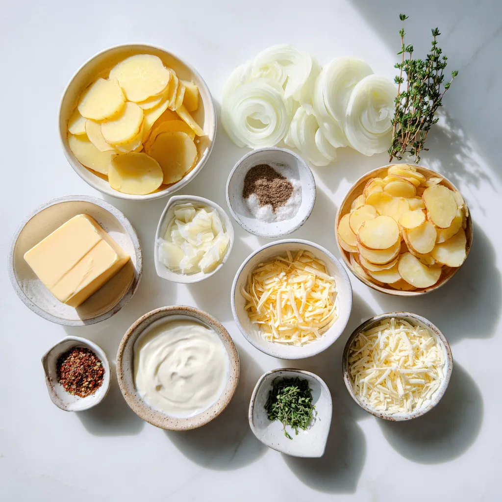 Creamy Scalloped Potatoes: Indulgent Comfort in Every Bite 3 Ingredients for Creamy Scalloped Potatoes arranged in bowls