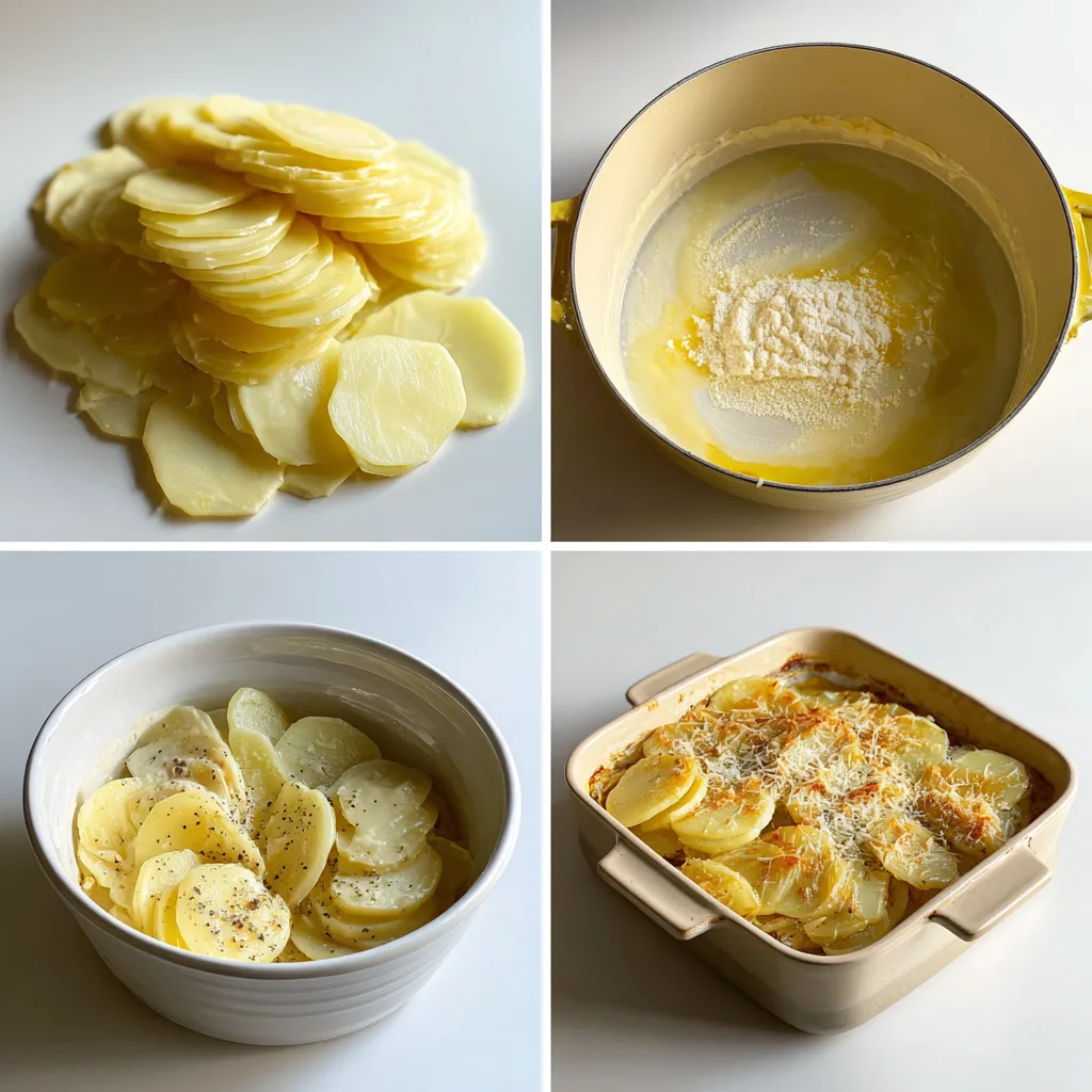 Creamy Scalloped Potatoes: Irresistibly Rich and Easy Dinner Side 4 A clean 4-panel collage that walks through the recipe: thin slicing, making the butter-garlic roux with cream, coating potatoes in sauce, and stacking them upright before baking.
