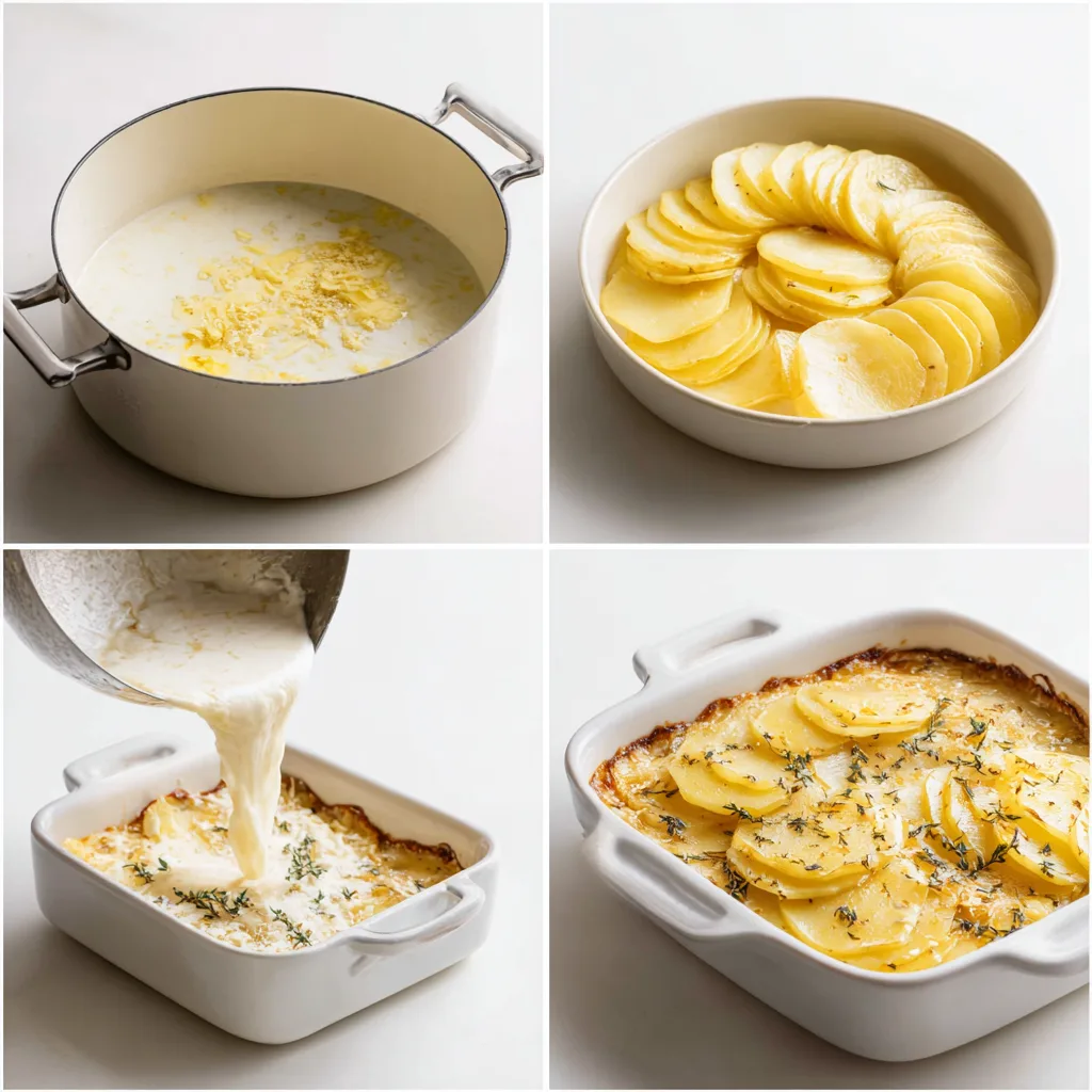 Creamy Scalloped Potatoes: Indulgent Comfort in Every Bite 4 step collage showing cream sauce, layered potatoes, pouring cream, and baked golden Creamy Scalloped Potatoes