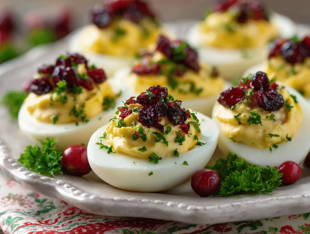 Deviled Eggs with cranberries and parsley garnish holiday twist