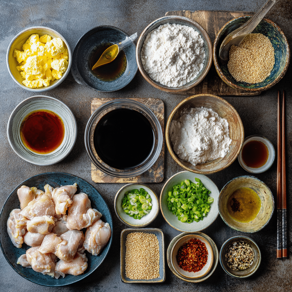Easy Sesame Chicken Ingredients flat lay bowls