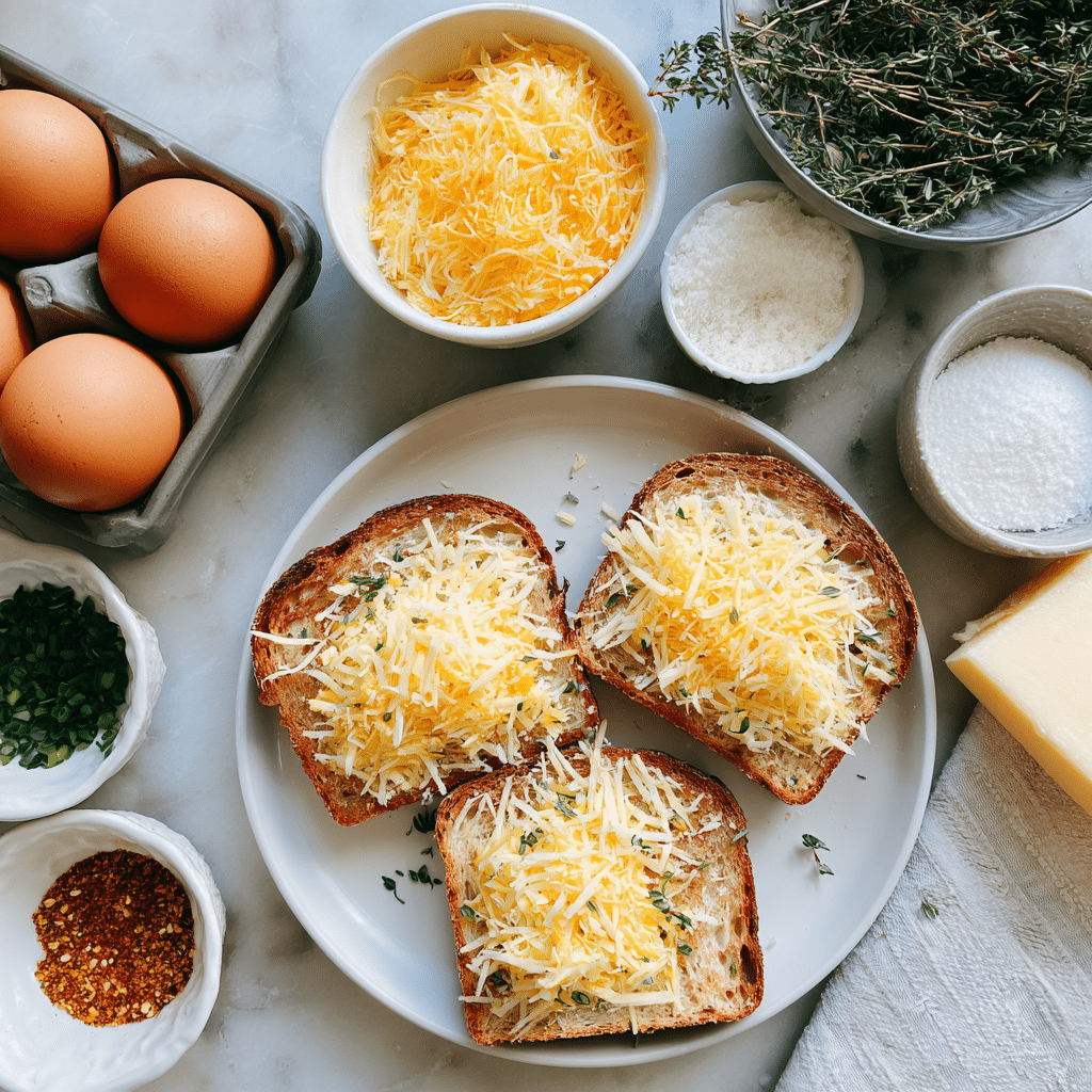 Ingredients for Egg and Cheese Toasts flat lay