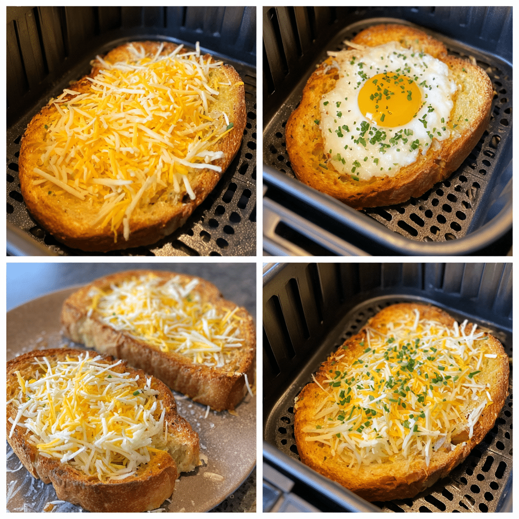 Four-panel collage showing the process of making Egg and Cheese Toasts: buttering bread, topping with cheese, adding egg, and cooking until golden and melty.