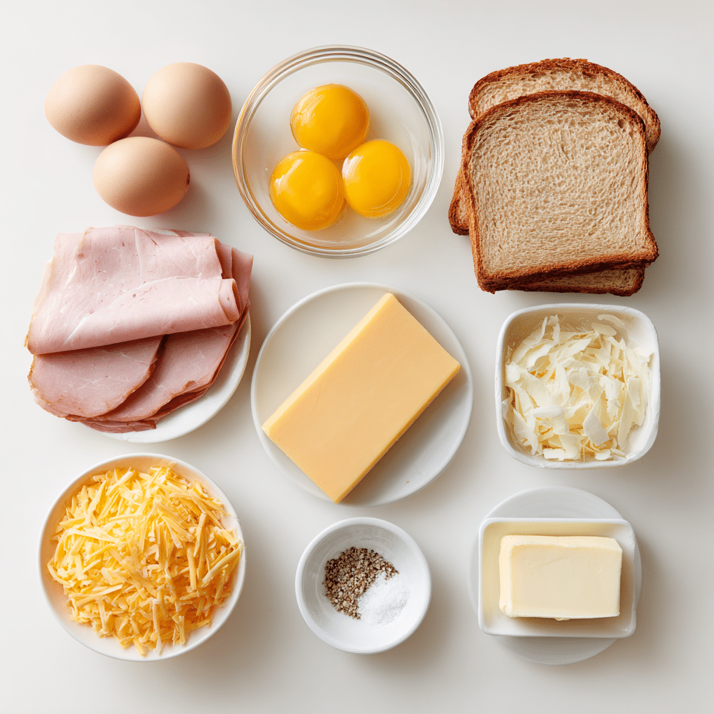 Ingredients for Egg and Ham Breakfast Sandwich flat lay on white background