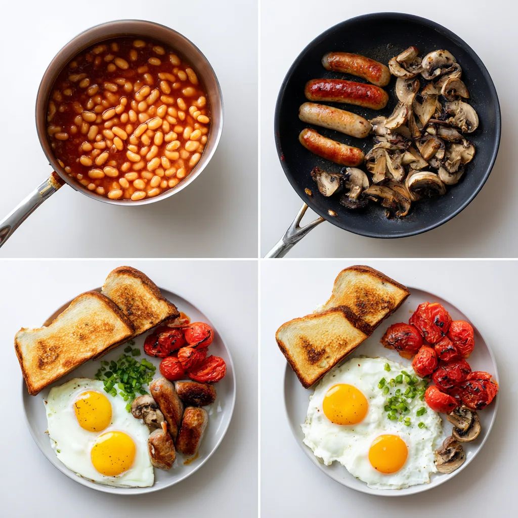Process collage: warm baked beans; sear chicken sausages with tomatoes and mushrooms; fry sunny-side eggs in butter; toast bread and plate all components with chopped spring onions. Clean background, natural light, phone aesthetic.