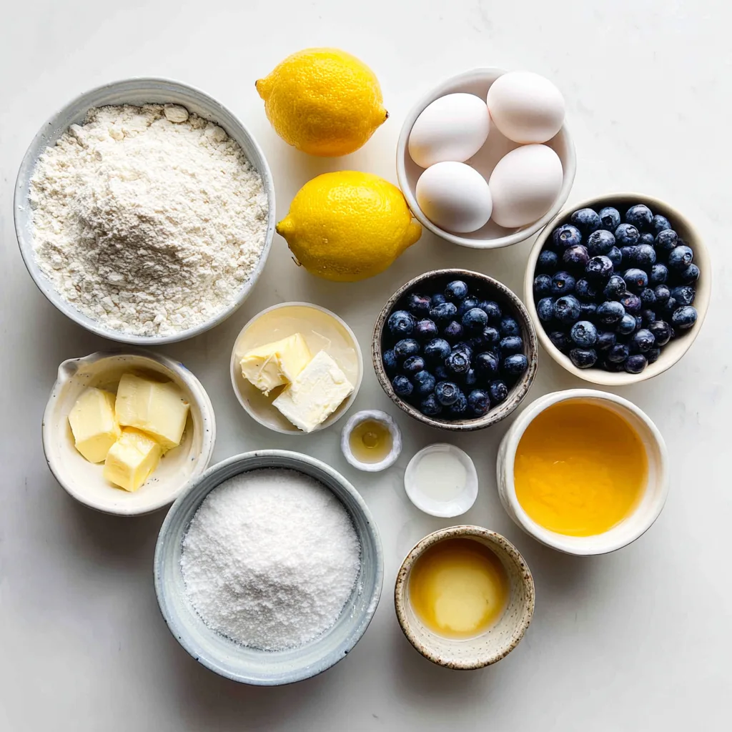 Ingredients for Lemon Blueberry Sheet Cake arranged in bowls