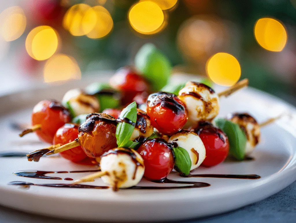 Mini Caprese Skewers with cherry tomatoes, mozzarella, and basil drizzled with balsamic glaze