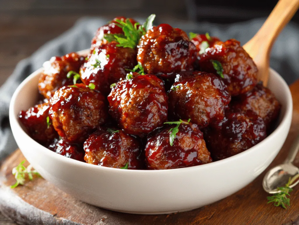 Mini Meatballs with Cranberry Glaze served in white bowl