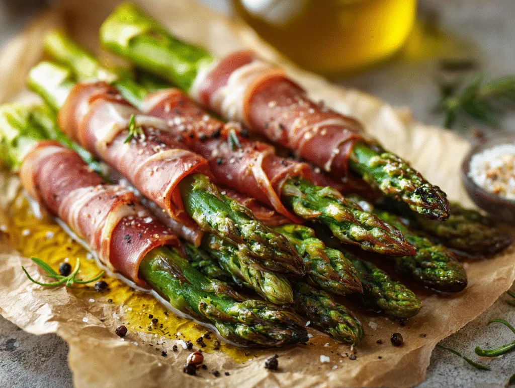 Prosciutto-Wrapped Asparagus roasted with olive oil and pepper