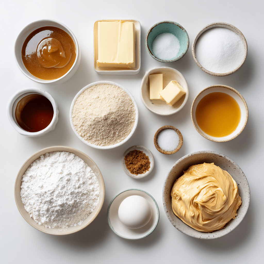 Ingredients for Salted Caramel Cake neatly arranged in bowls