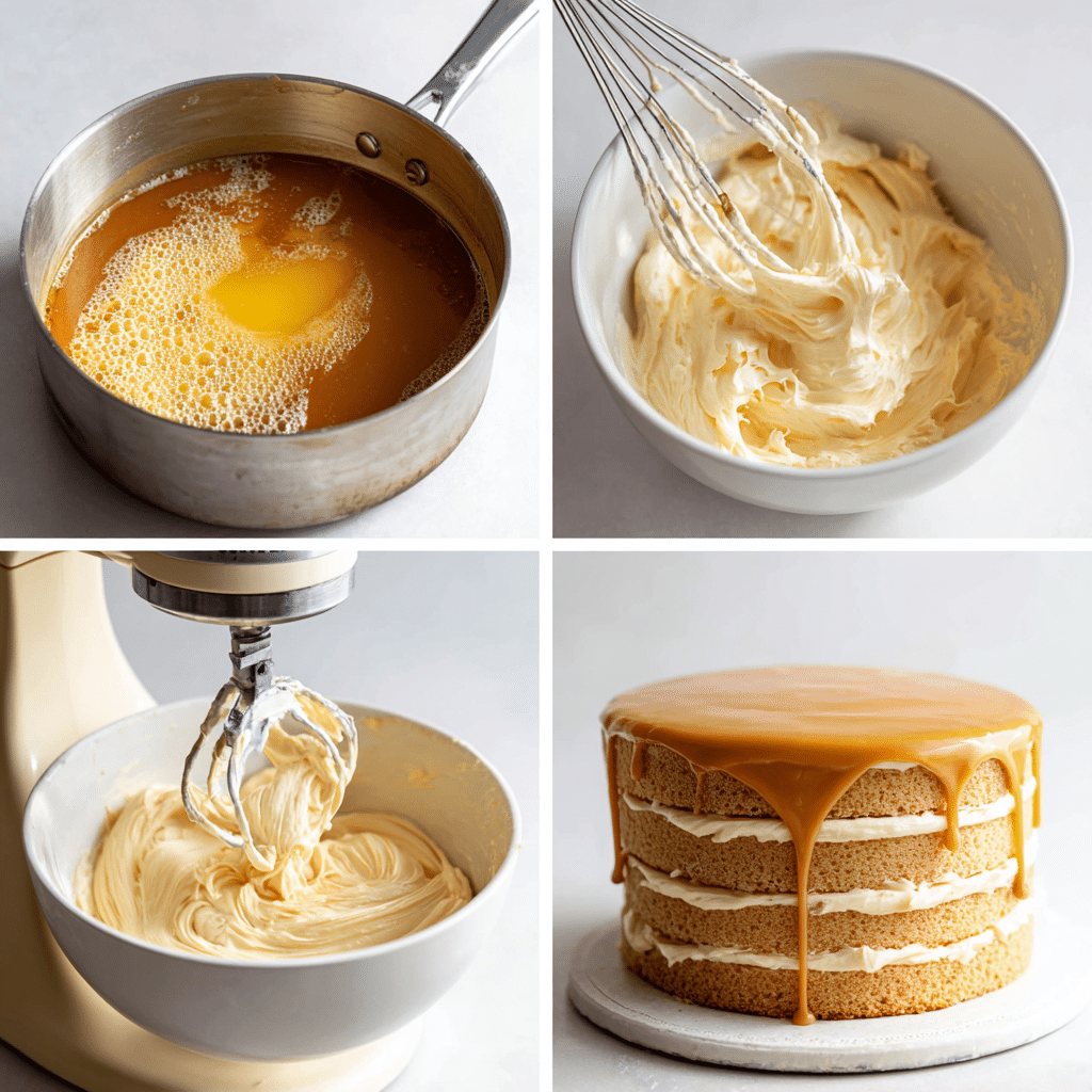Four-step collage of salted caramel, cake batter, caramel buttercream
