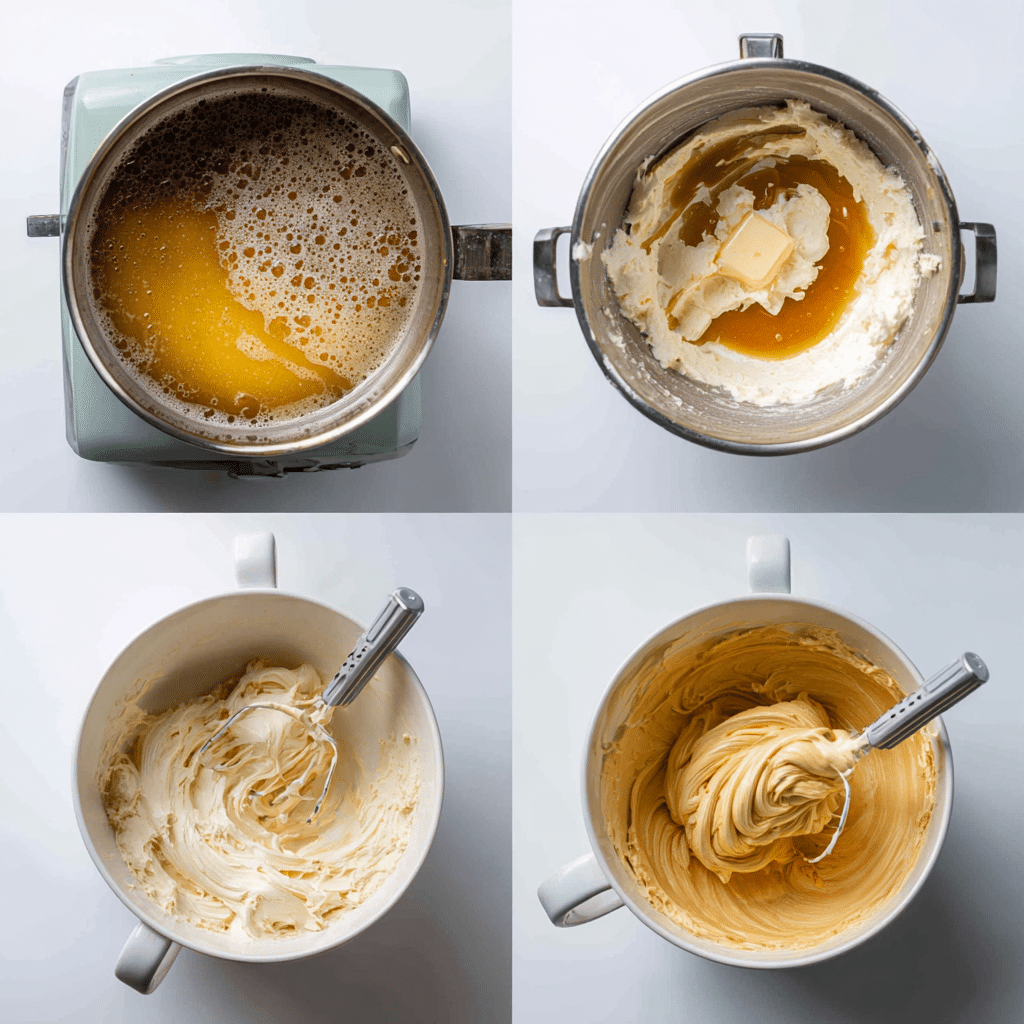 Four-step collage of salted caramel, cake batter, caramel buttercream