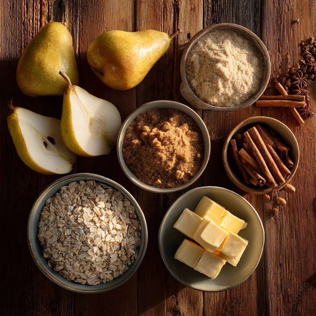 Spiced Pear Crisp ingredients on wooden surface