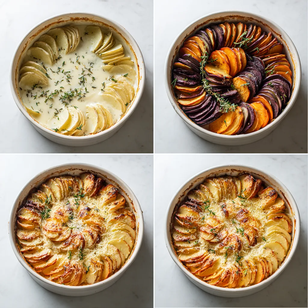 Cheesy Root Vegetable Gratin: Delightfully Creamy Veggie Dish for Thanksgiving 4 Process collage showing how to assemble and bake Cheesy Root Vegetable Gratin: cream/garlic base, vertical shingled roots, Gruyère/Parmesan topping, and the golden baked finish. Clean background, natural light.