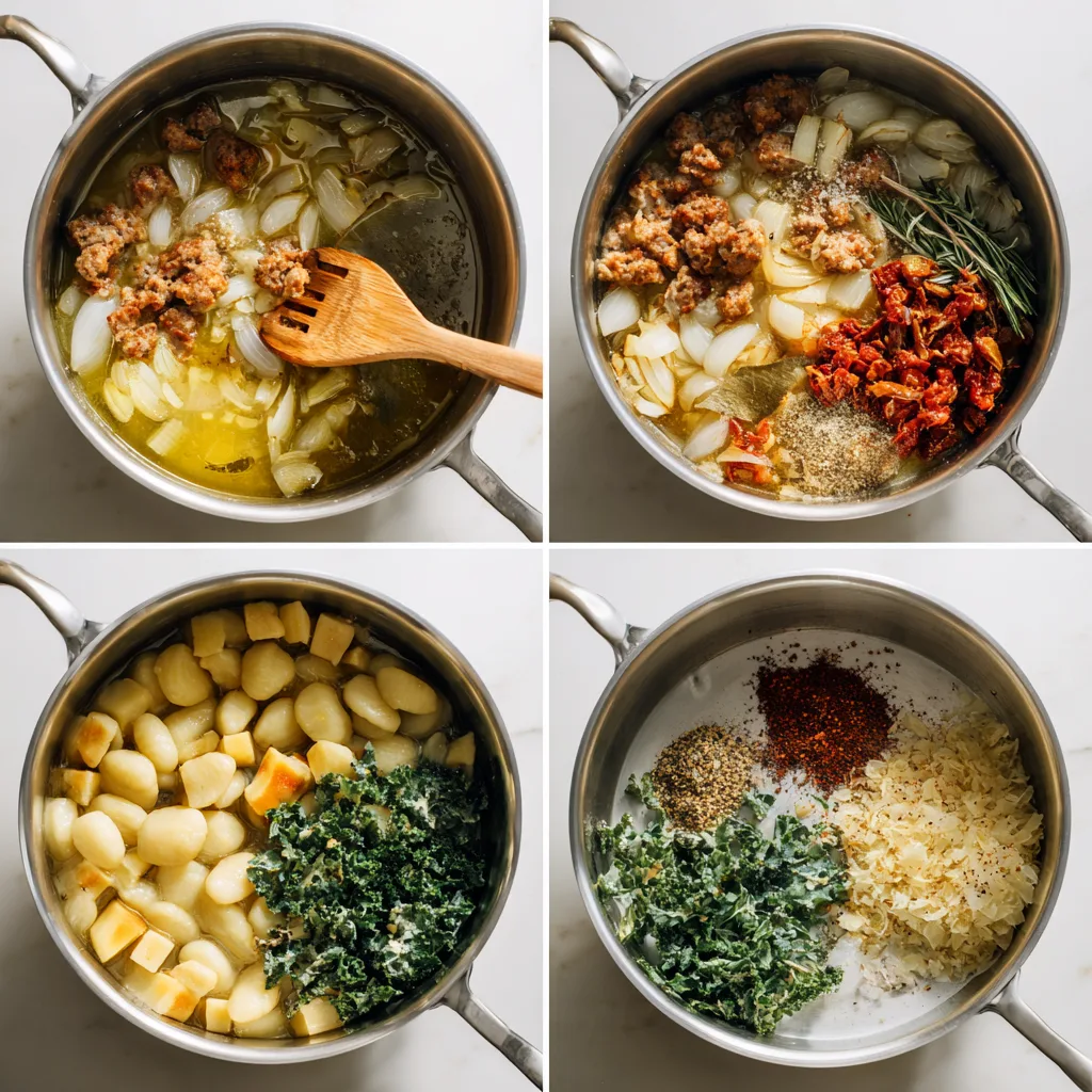 Butternut Squash Gnocchi Soup: Cozy Comfort for Fall Evenings 4 our-step collage sautéing sausage, cooking aromatics, simmering squash in broth, and finishing with gnocchi, kale, and half-and-half for Butternut Squash Gnocchi Soup