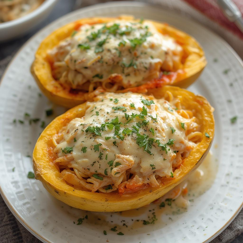 500 Calorie Chicken Alfredo Spaghetti Squash Boats