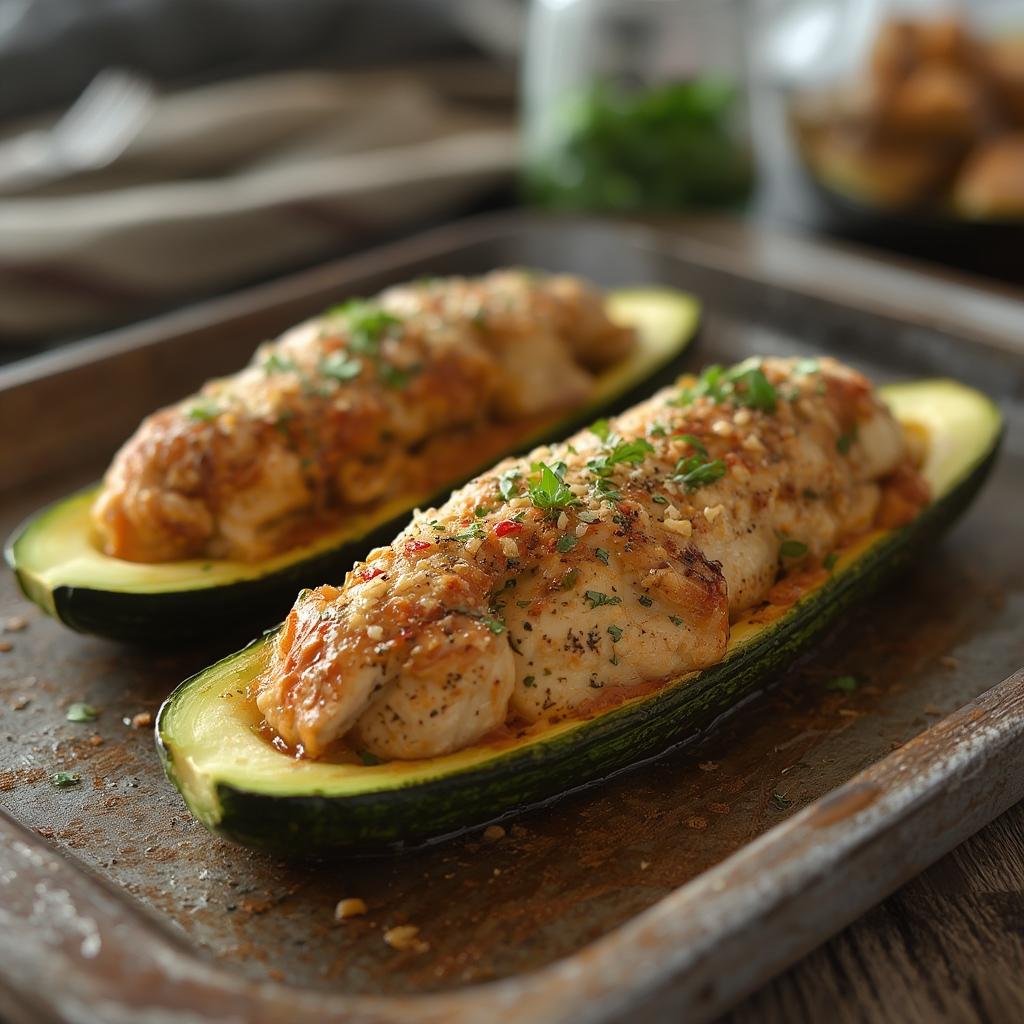 Finished Garlic Chicken Zucchini Boats fresh from the oven