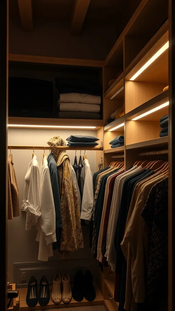 A well-organized closet with integrated lighting showcasing clothes and shoes.