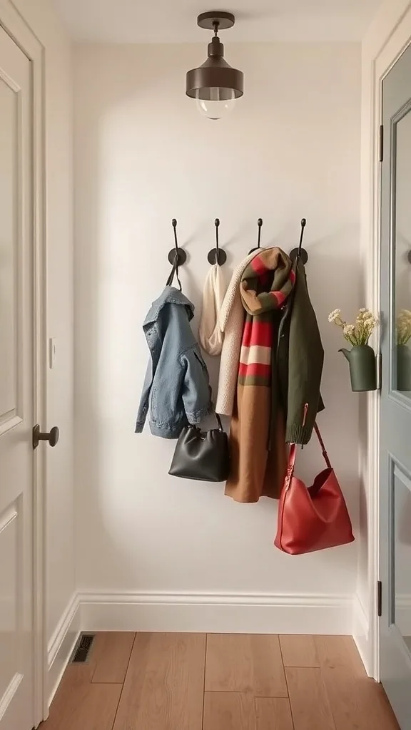 A well-organized entryway featuring multiple hooks on a wall holding jackets, bags, and scarves.