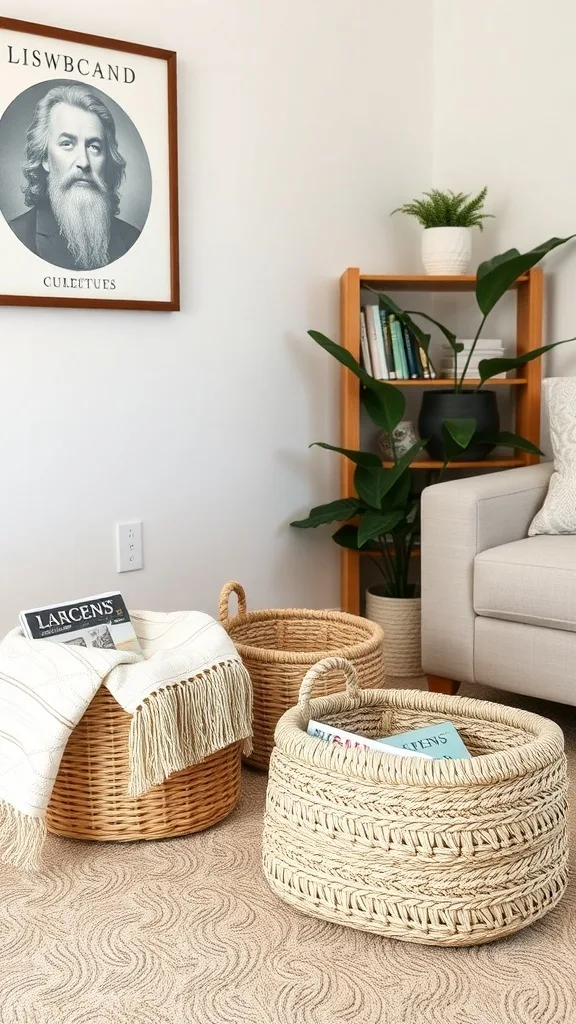 Stylishly arranged baskets in a cozy living room setting.