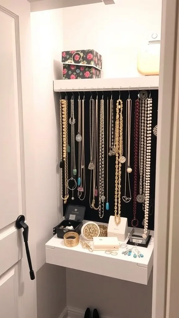 Organized jewelry and accessory station in a closet with necklaces hanging and a display for rings.