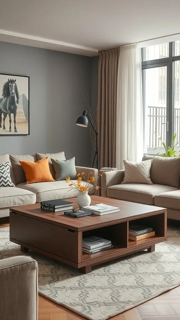 Cozy living room with a multi-functional coffee table, plush sofas, and stylish decor.