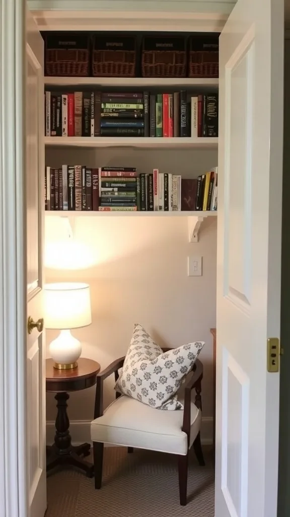 A cozy reading nook in a closet with a chair, a lamp, and bookshelves.