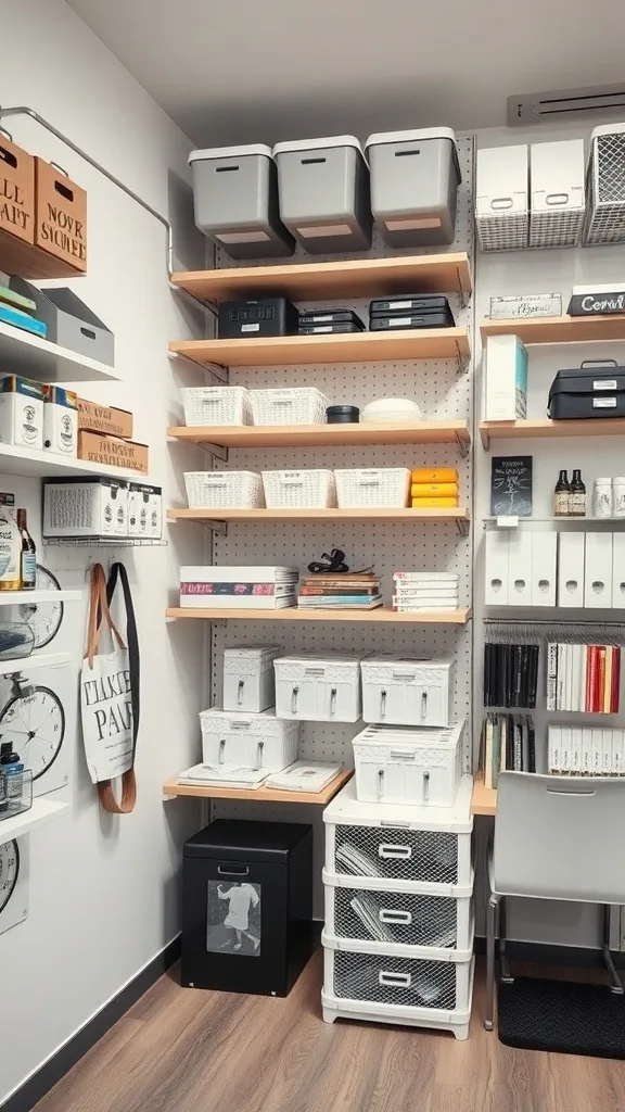 Organized wall storage with shelves and bins for maximizing space