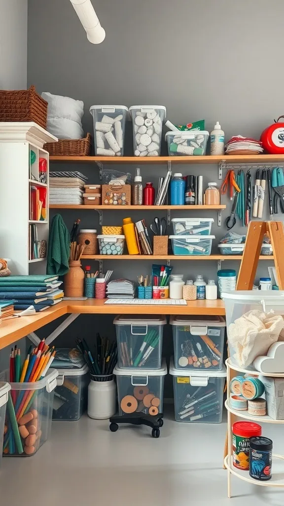A well-organized craft space with clear containers holding various supplies on shelves.