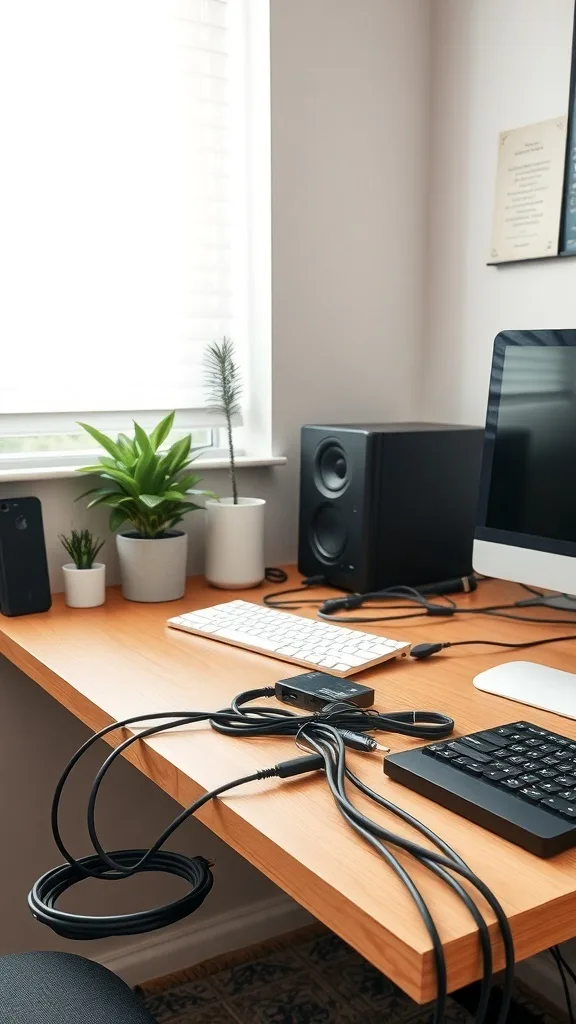 A cluttered home office desk with several cables and wires running across it, alongside a computer, keyboard, and plants.