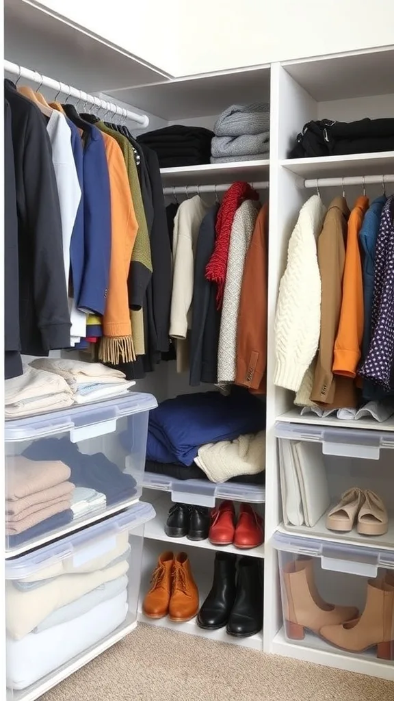 Organized closet with clear storage bins holding clothes and shoes